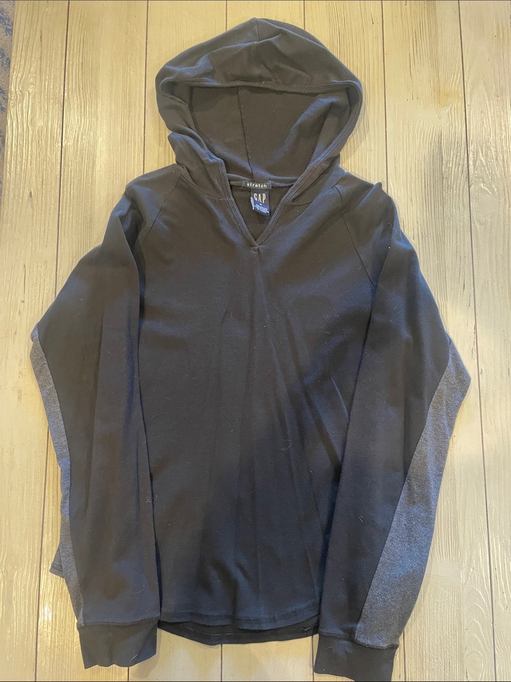 GAP Black Hooded Long Sleeve Top with Gray Sleeve Panels